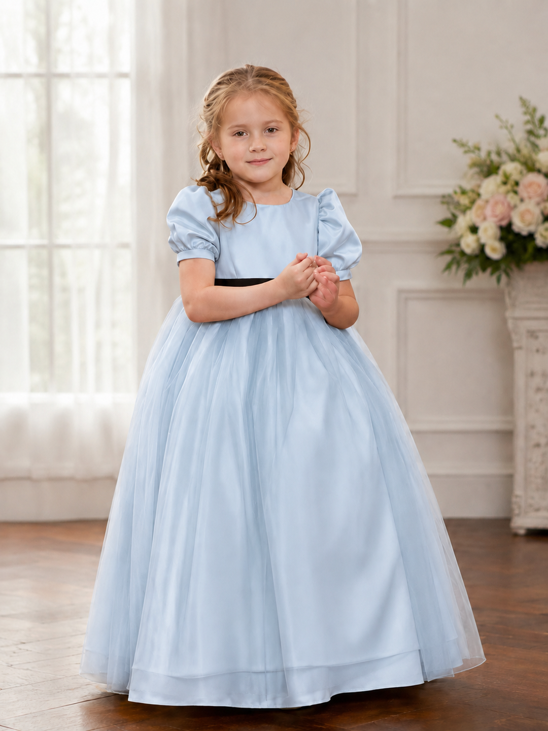 TinyTulle Classic Champagne Satin Puff Sleeve Flower Girl Dress with Black Sash