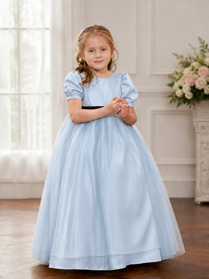 TinyTulle Classic Champagne Satin Puff Sleeve Flower Girl Dress with Black Sash