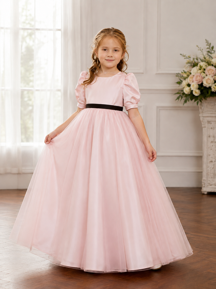 TinyTulle Classic Champagne Satin Puff Sleeve Flower Girl Dress with Black Sash