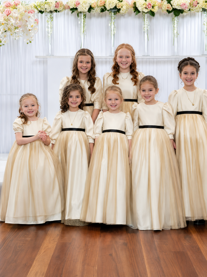 TinyTulle Classic Champagne Satin Puff Sleeve Flower Girl Dress with Black Sash