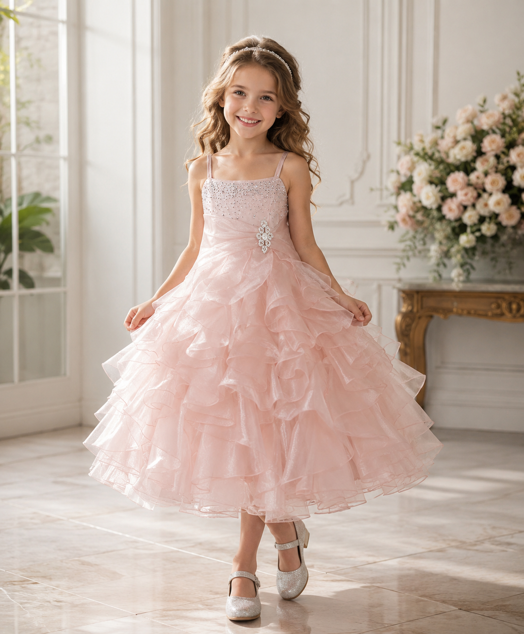 TinyTulle Off Shoulde Sequin Ruffle Tulle Flower Girl Dress for Special Occasions