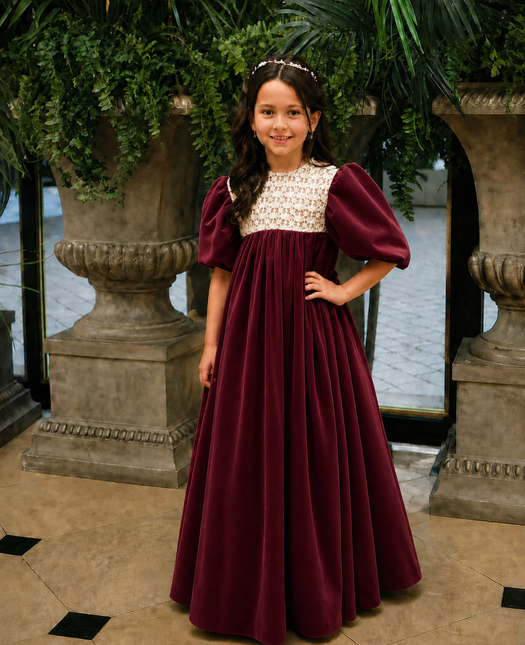 TinyTulle Vintage Dusty Orange Velvet Lace Puff Sleeve Flower Girl Dress