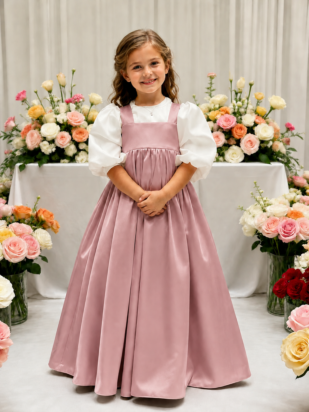TinyTulle Elegant Ivory Satin High-Waist Puff Sleeve Flower Girl Dress for Weddings