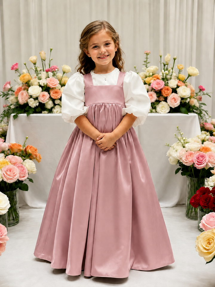 TinyTulle Elegant Ivory Satin High-Waist Puff Sleeve Flower Girl Dress for Weddings