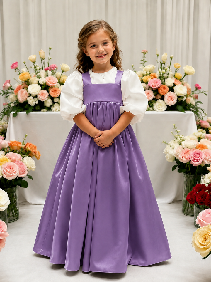 TinyTulle Elegant Ivory Satin High-Waist Puff Sleeve Flower Girl Dress for Weddings