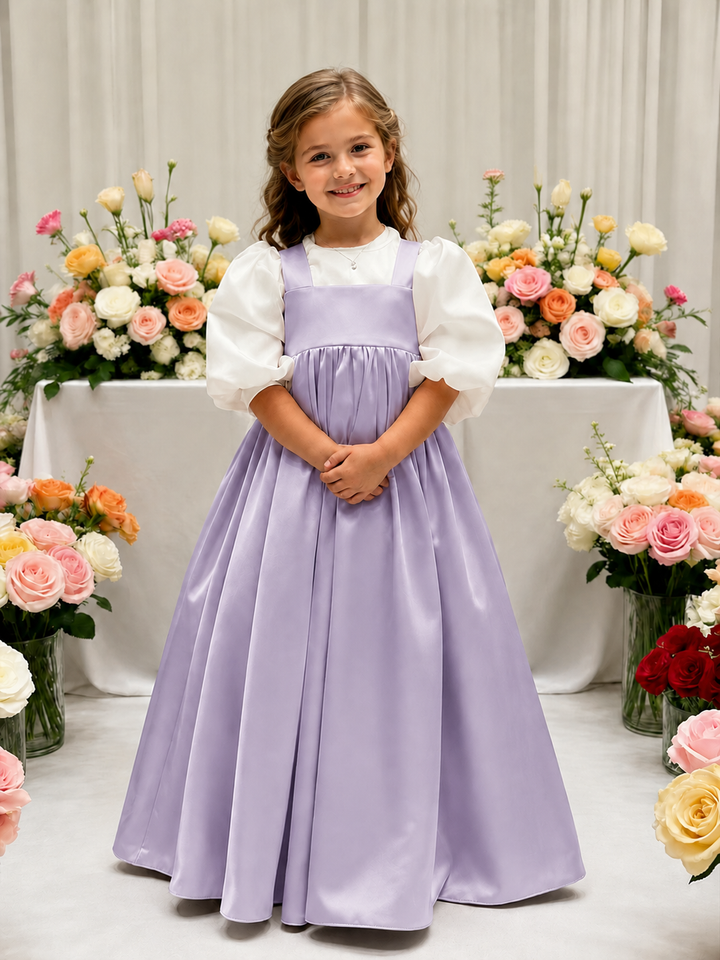 TinyTulle Elegant Ivory Satin High-Waist Puff Sleeve Flower Girl Dress for Weddings