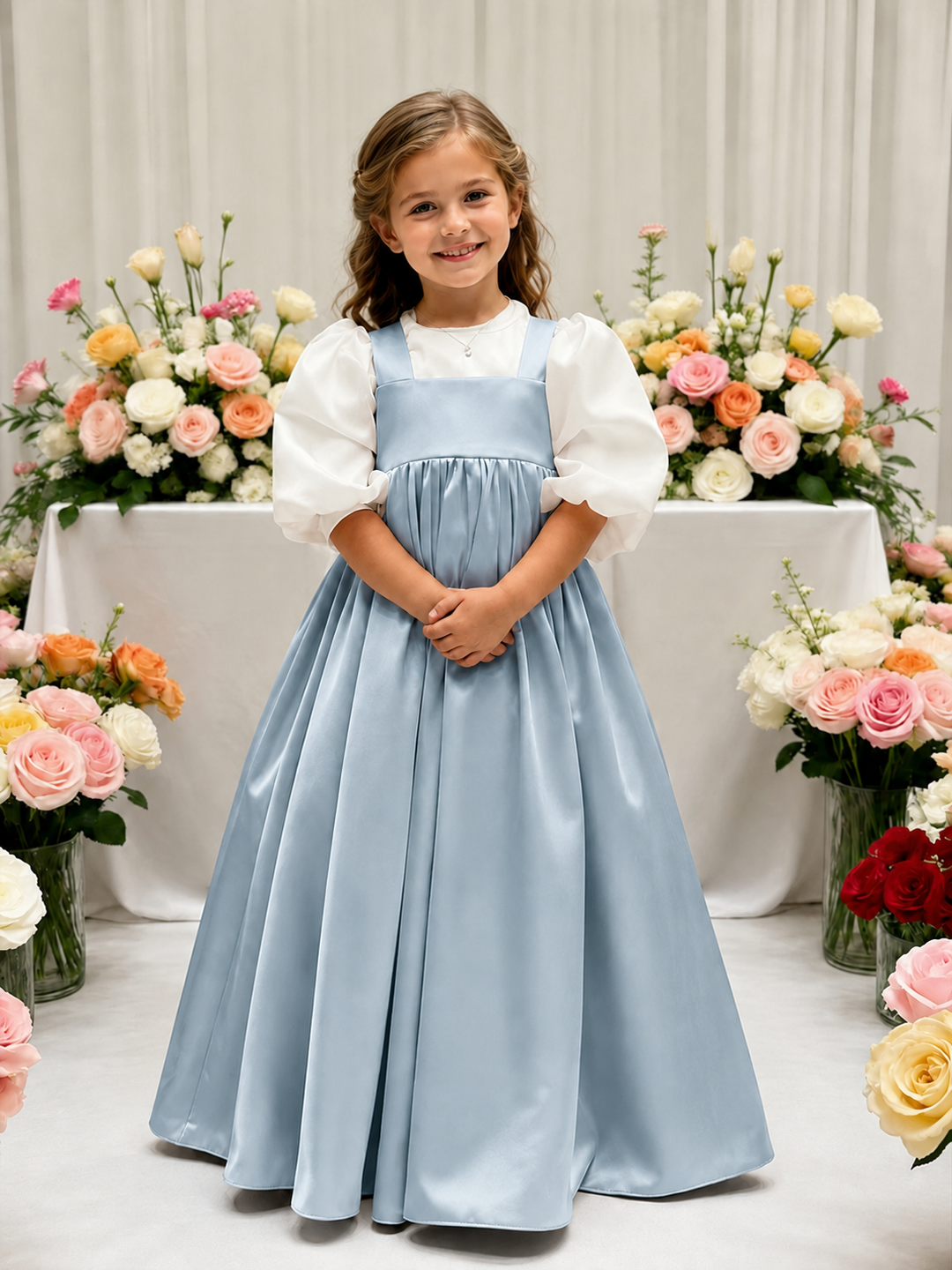 TinyTulle Elegant Ivory Satin High-Waist Puff Sleeve Flower Girl Dress for Weddings