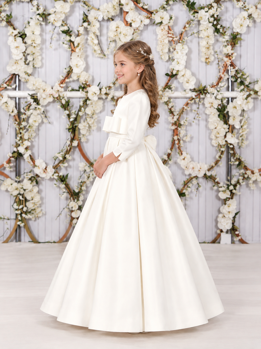 TinyTulle Elegant Ivory Long Sleeve Satin High Waist Flower Girl Dress with Bow