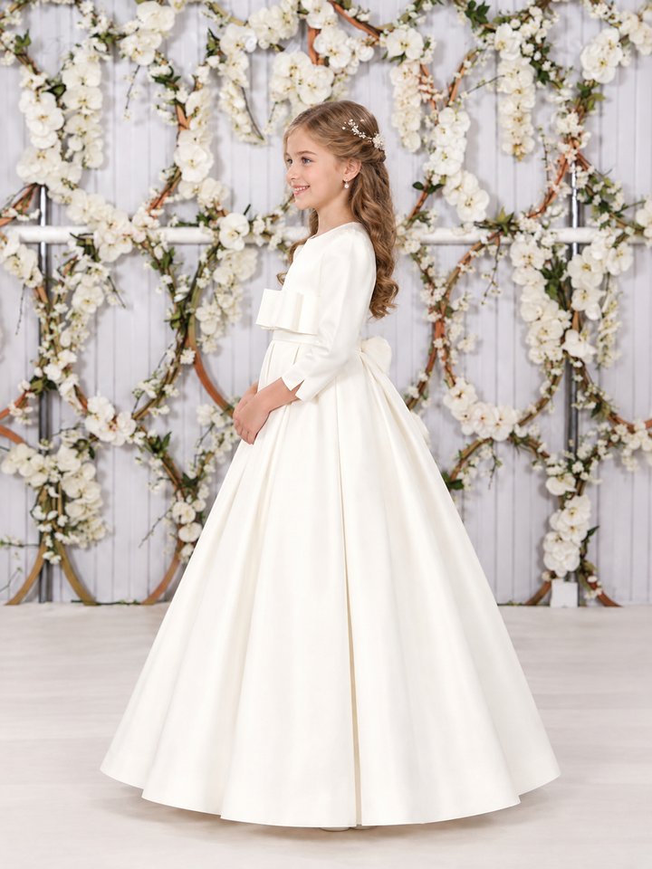 TinyTulle Elegant Ivory Long Sleeve Satin High Waist Flower Girl Dress with Bow