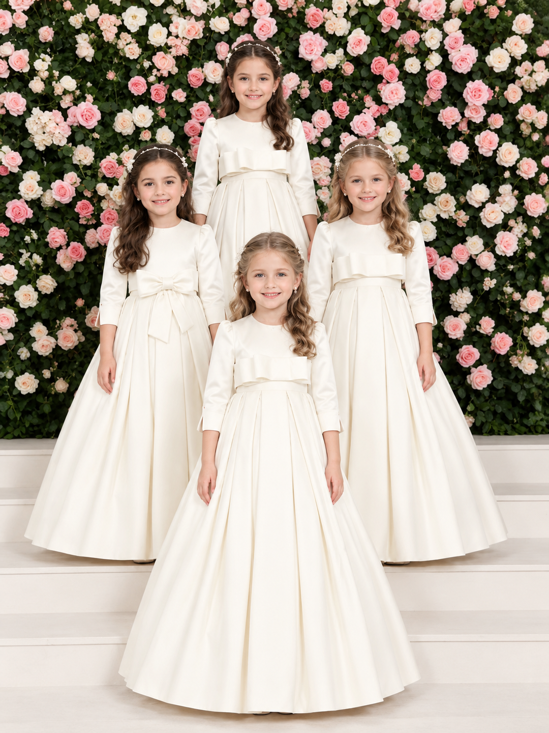 TinyTulle Elegant Ivory Long Sleeve Satin High Waist Flower Girl Dress with Bow