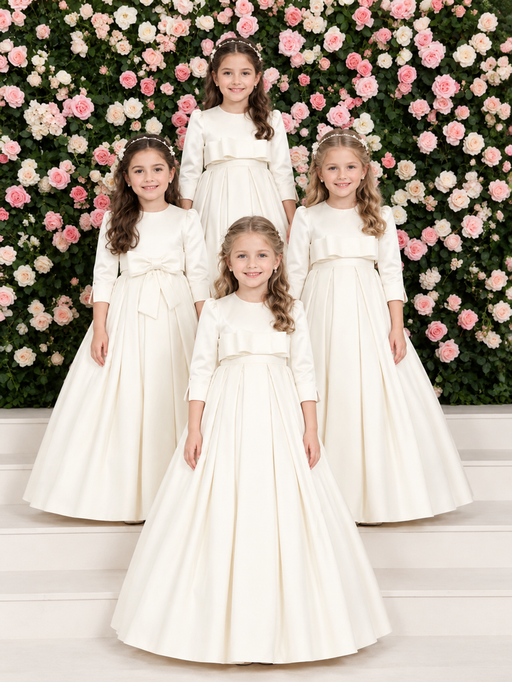 TinyTulle Elegant Ivory Long Sleeve Satin High Waist Flower Girl Dress with Bow