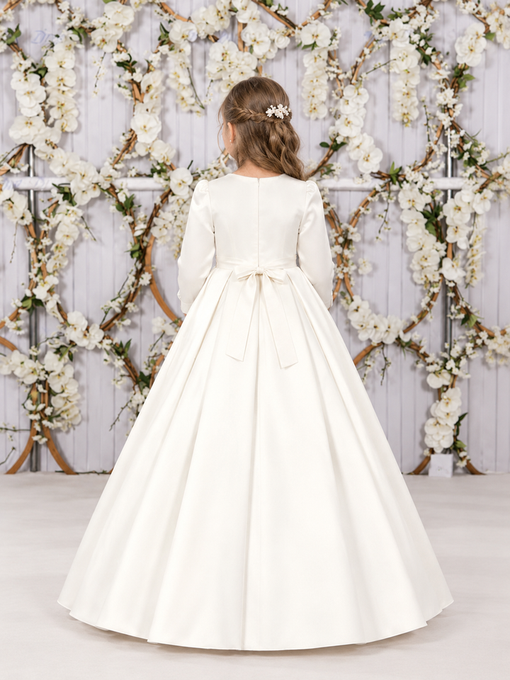 TinyTulle Elegant Ivory Long Sleeve Satin High Waist Flower Girl Dress with Bow