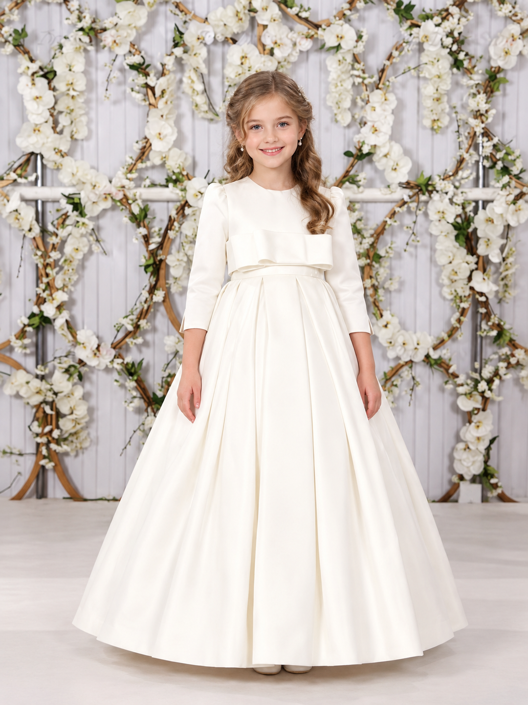 TinyTulle Elegant Ivory Long Sleeve Satin High Waist Flower Girl Dress with Bow