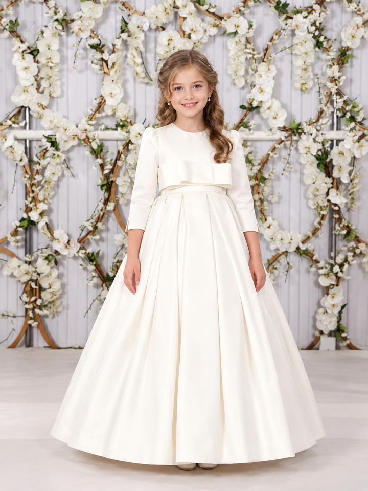TinyTulle Elegant Ivory Long Sleeve Satin High Waist Flower Girl Dress with Bow