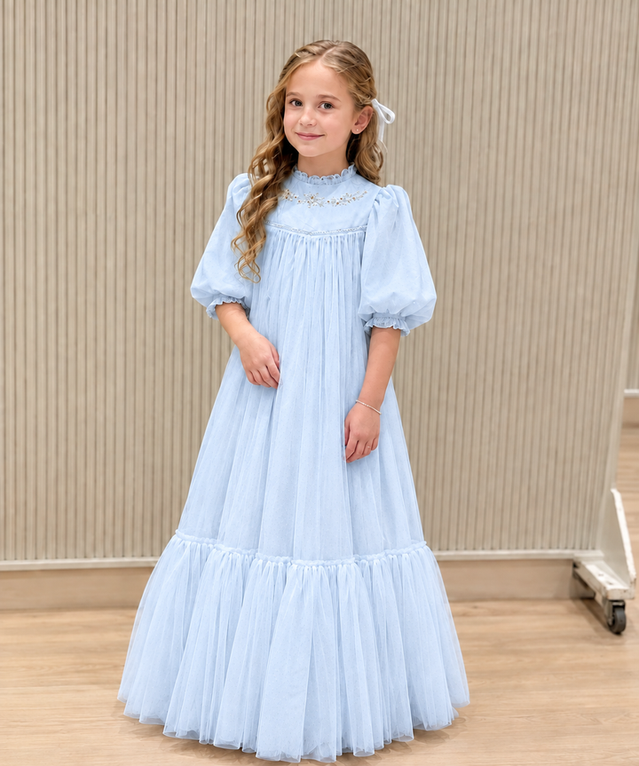 TinyTulle Elegant Ivory High Neck Puff Sleeve Tiered Tulle Flower Girl Dress