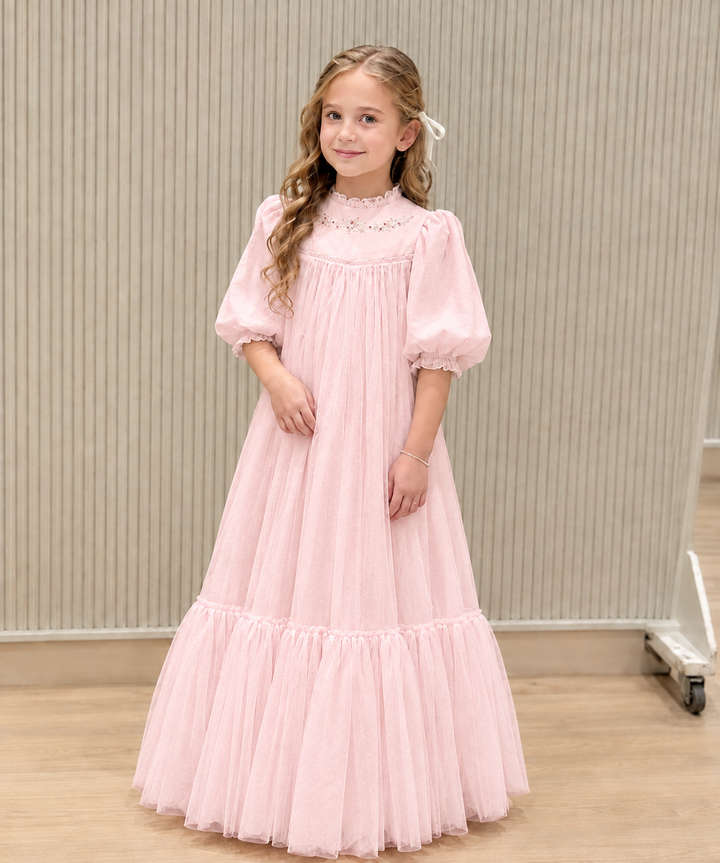 TinyTulle Elegant Ivory High Neck Puff Sleeve Tiered Tulle Flower Girl Dress