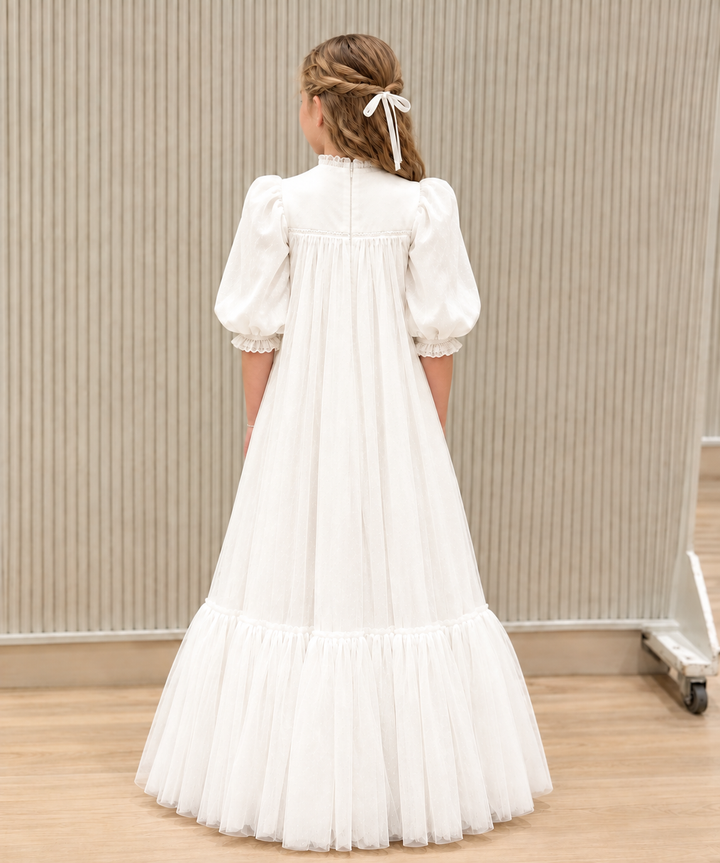 TinyTulle Elegant Ivory High Neck Puff Sleeve Tiered Tulle Flower Girl Dress