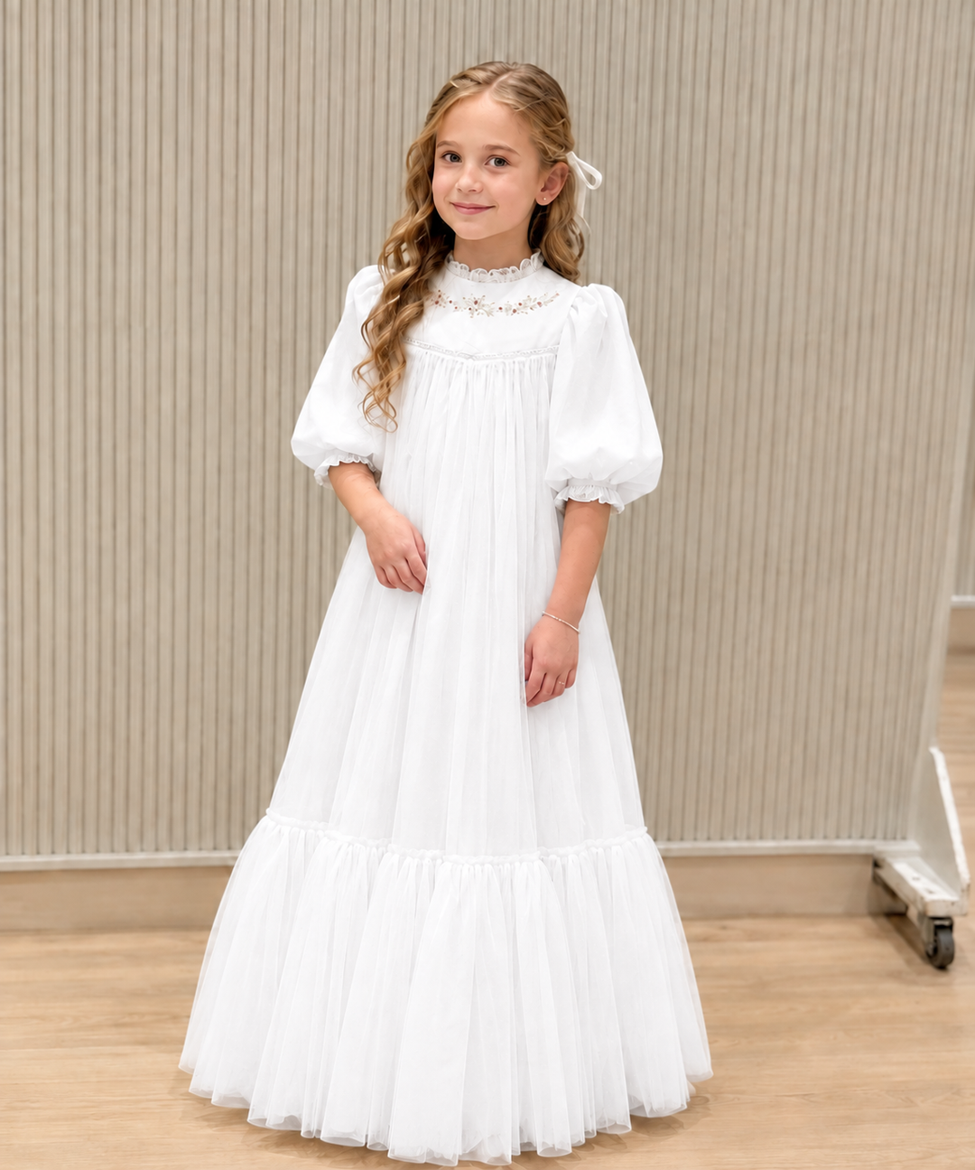 TinyTulle Elegant Ivory High Neck Puff Sleeve Tiered Tulle Flower Girl Dress