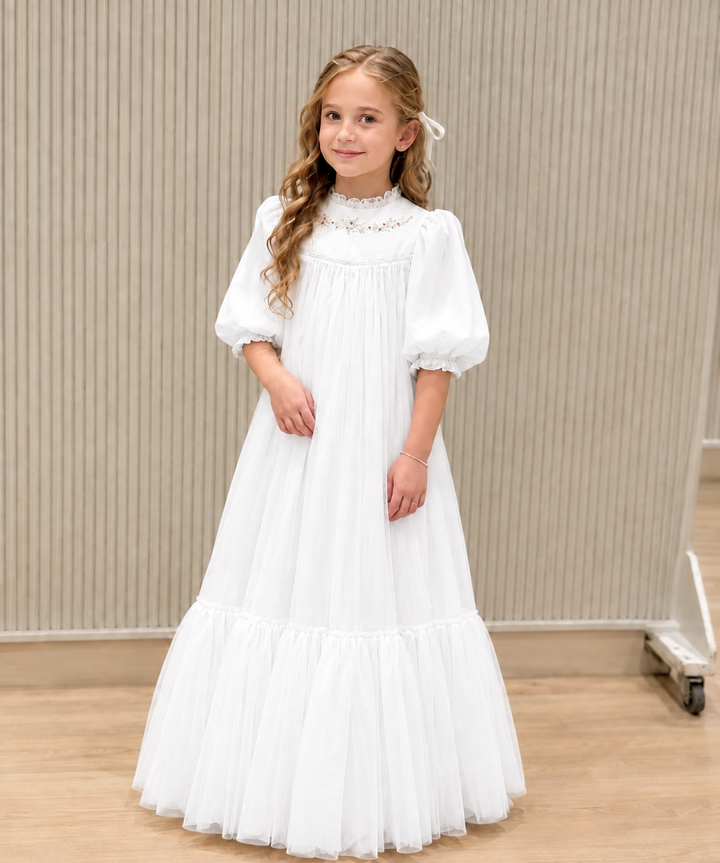 TinyTulle Elegant Ivory High Neck Puff Sleeve Tiered Tulle Flower Girl Dress
