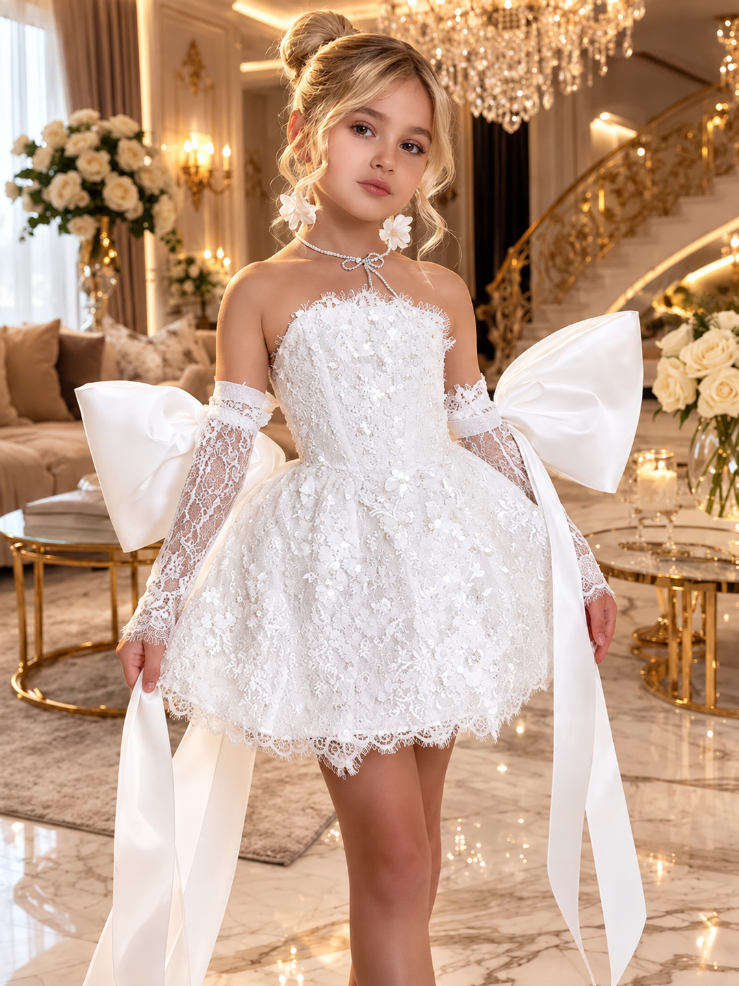 TinyTulle Elegant white Lace Flower Girl Dress with Oversized Bow