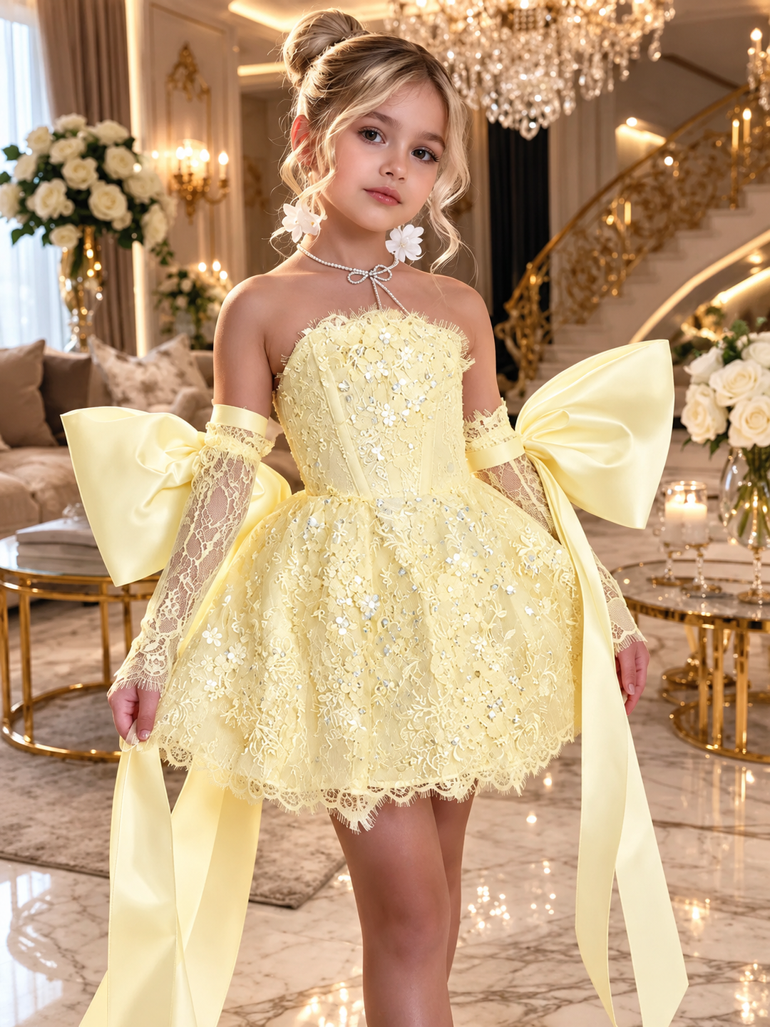 TinyTulle Elegant white Lace Flower Girl Dress with Oversized Bow