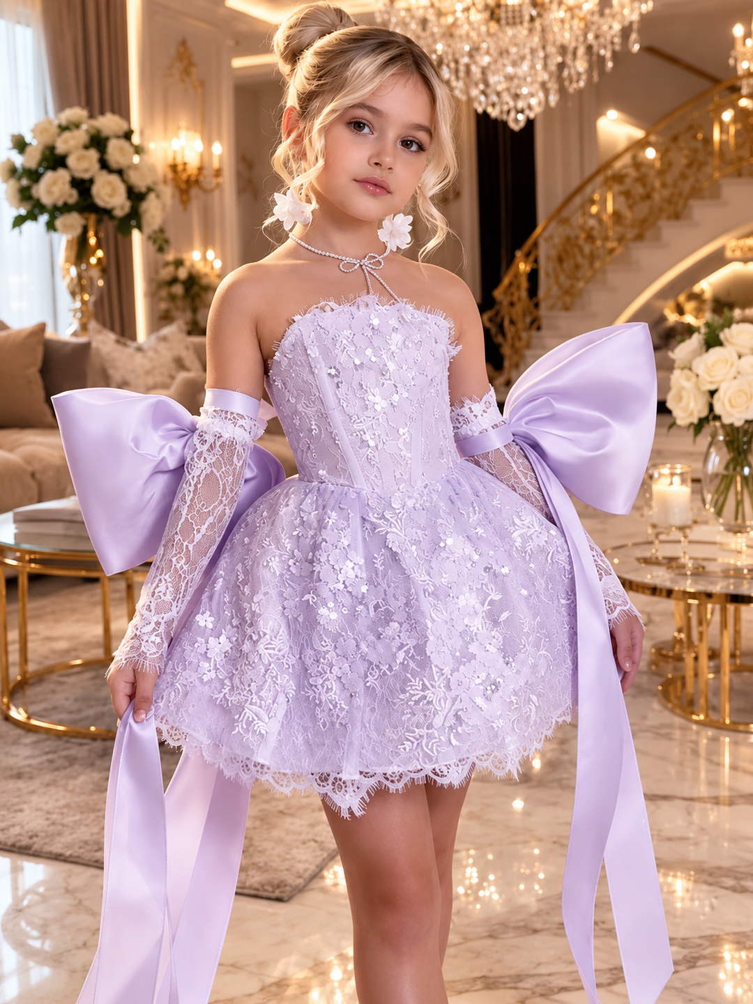 TinyTulle Elegant white Lace Flower Girl Dress with Oversized Bow