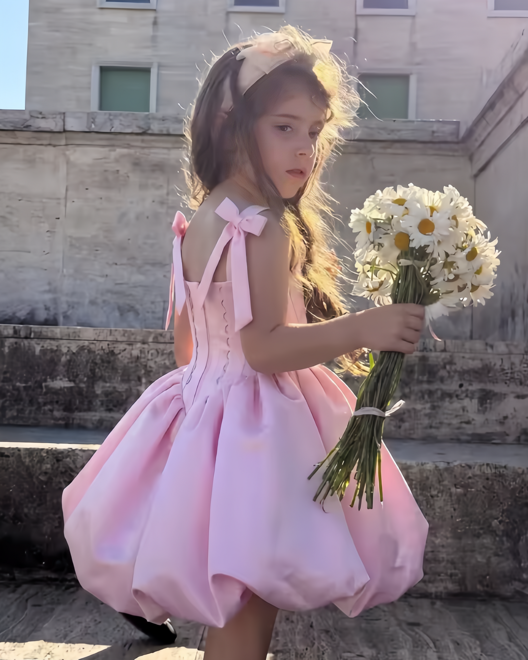 TinyTulle Sweet Pink Satin Bow-Tie Flower Girl Dress for Birthday Party