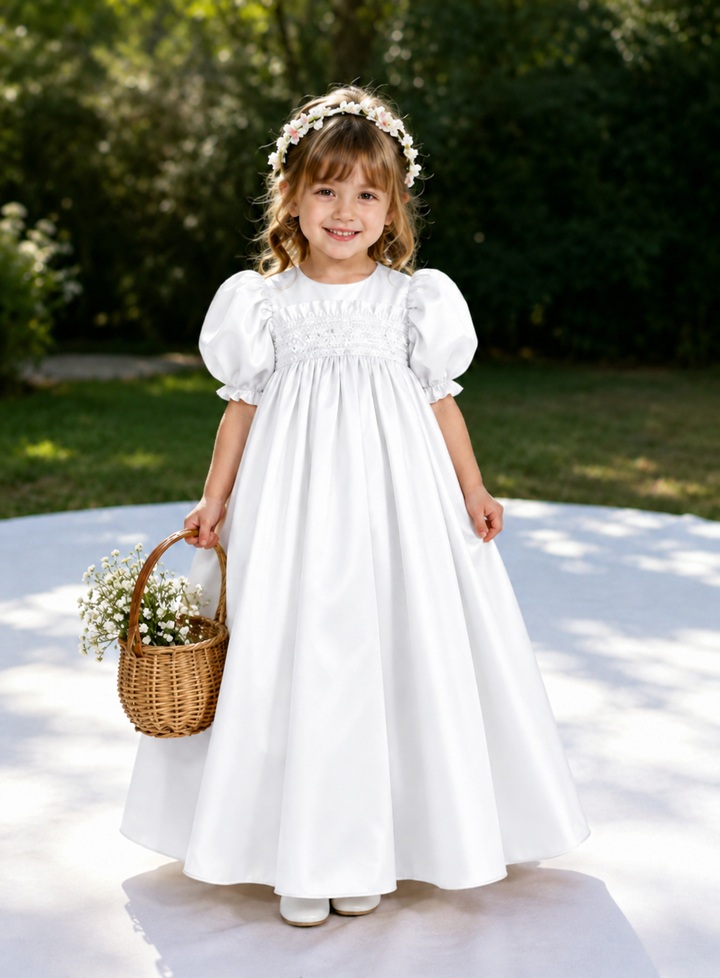 TinyTulle Elegant Ivory Satin Puff Sleeve Flower Girl Dress with Bow Detail