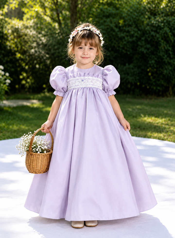 TinyTulle Elegant Ivory Satin Puff Sleeve Flower Girl Dress with Bow Detail