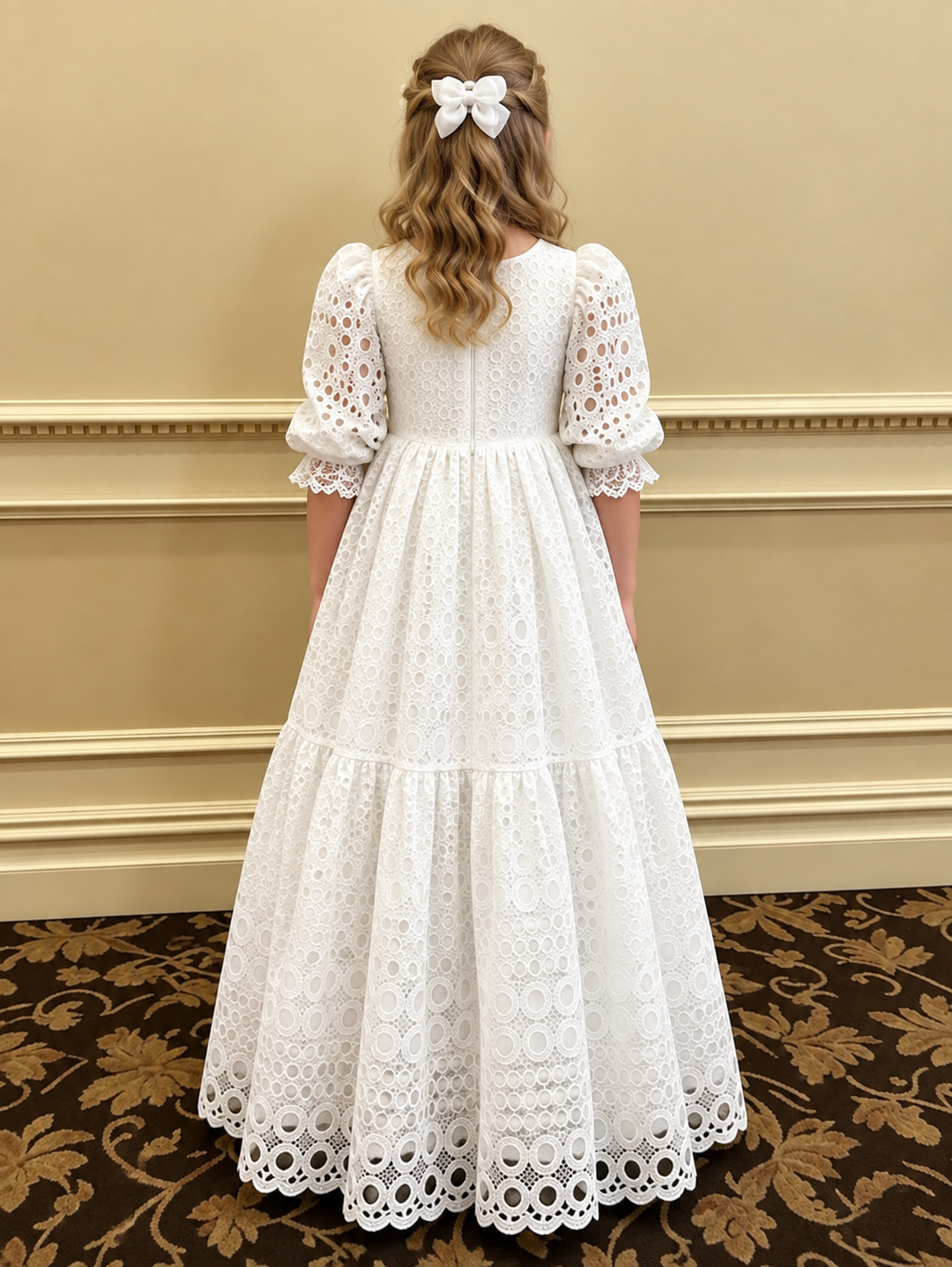 TinyTulle Elegant Long Sleeve Eyelet Lace Flower Girl Dress with for Weddings &amp; Special Occasions
