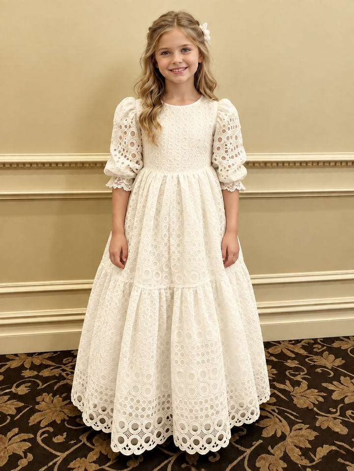 TinyTulle Elegant Long Sleeve Eyelet Lace Flower Girl Dress with for Weddings &amp; Special Occasions