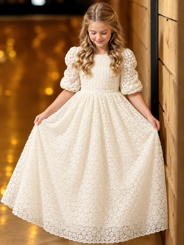 TinyTulle Elegant White Floral Lace Puff Sleeve Flower Girl Dress