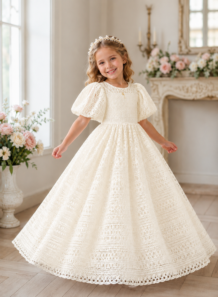 TinyTulle Elegant Ivory Lace Puff Sleeve Flower Girl Dress for Wedding &amp; First Communion