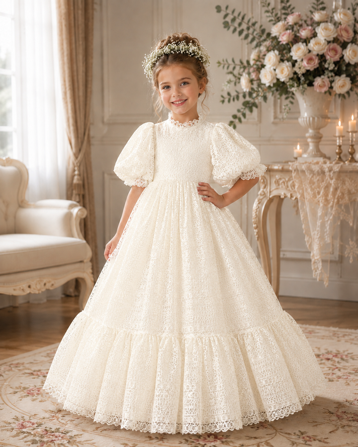 TinyTulle Elegant White Lace Puff Sleeve Flower Girl Dress for First Communion