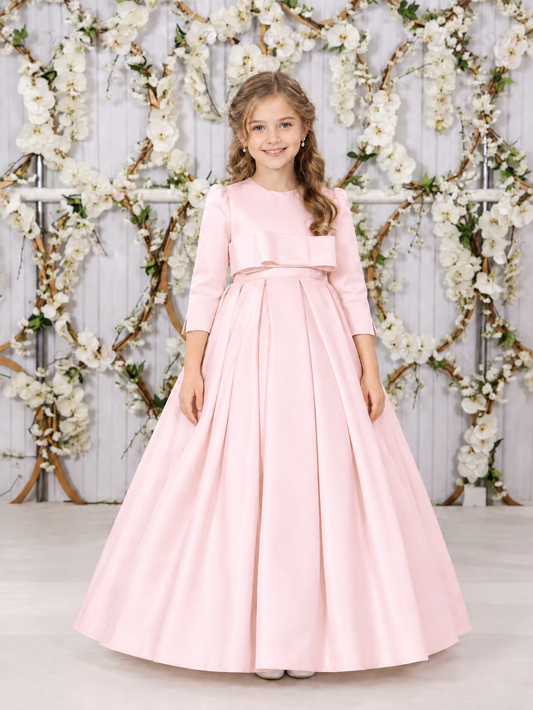 TinyTulle Elegant Ivory Long Sleeve Satin High Waist Flower Girl Dress with Bow