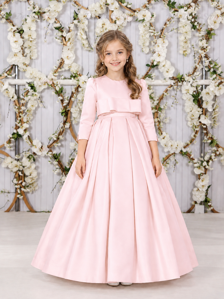 TinyTulle Elegant Ivory Long Sleeve Satin High Waist Flower Girl Dress with Bow