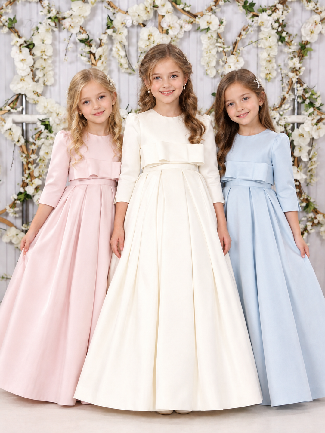 TinyTulle Elegant Ivory Long Sleeve Satin High Waist Flower Girl Dress with Bow