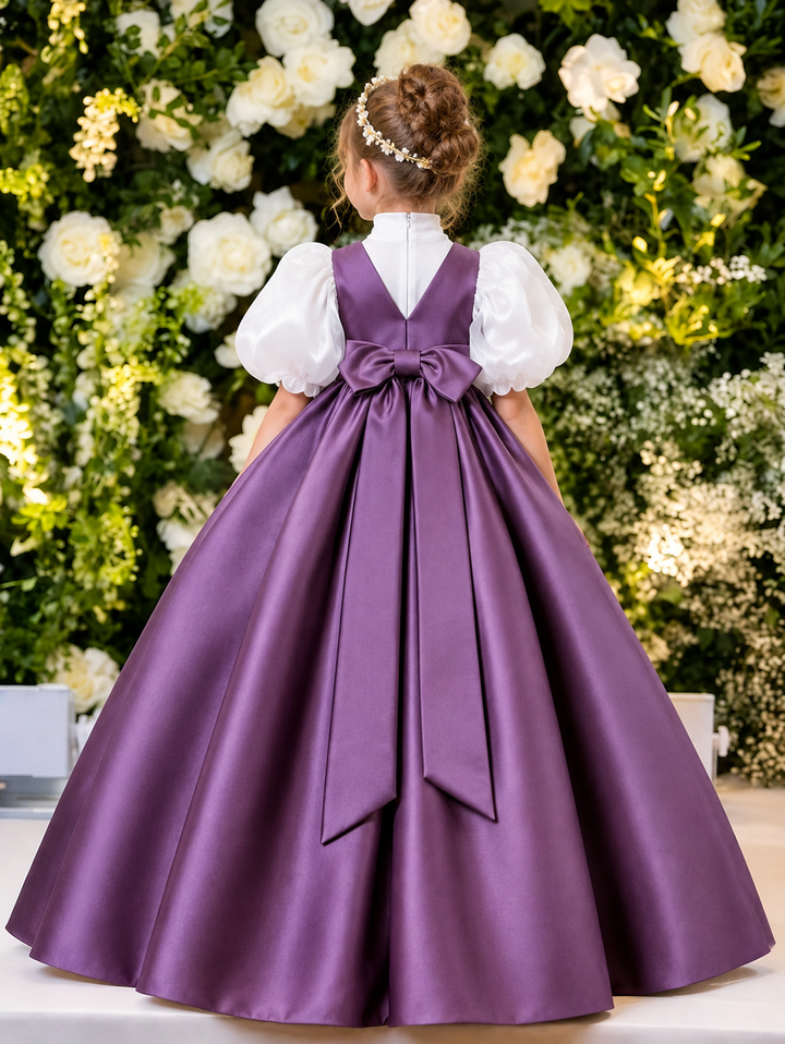 TinyTulle Elegant Purple Satin Flower Girl Dress with Puff Sleeves &amp; Bow