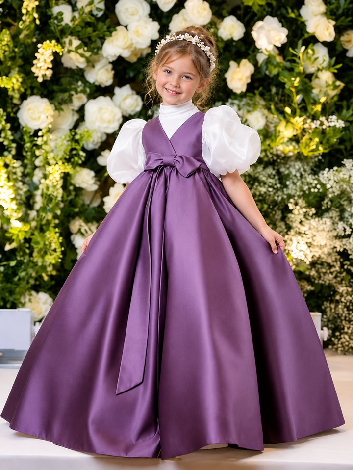 TinyTulle Elegant Purple Satin Flower Girl Dress with Puff Sleeves &amp; Bow