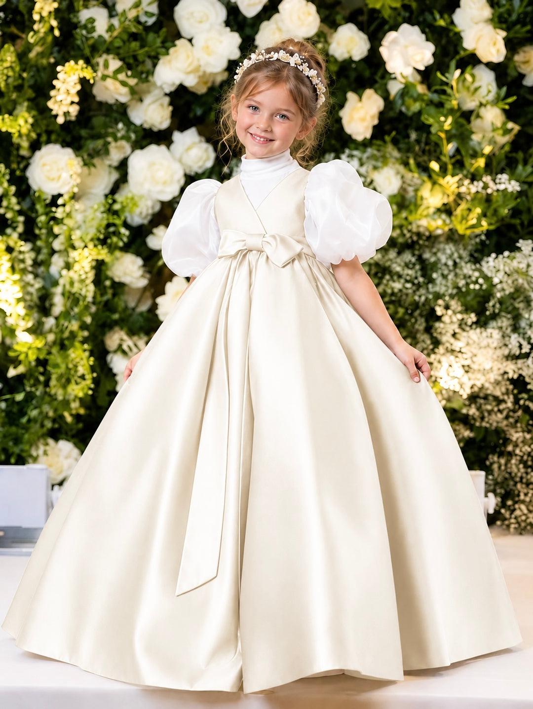 TinyTulle Elegant Purple Satin Flower Girl Dress with Puff Sleeves &amp; Bow