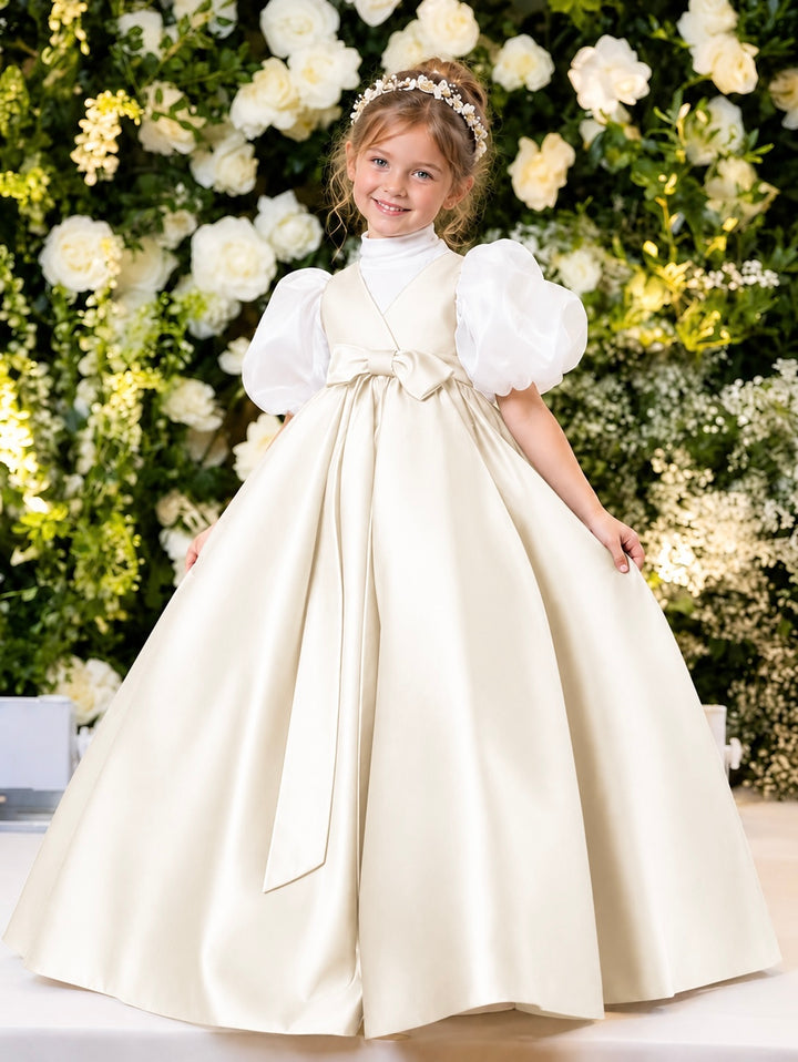 TinyTulle Elegant Purple Satin Flower Girl Dress with Puff Sleeves &amp; Bow
