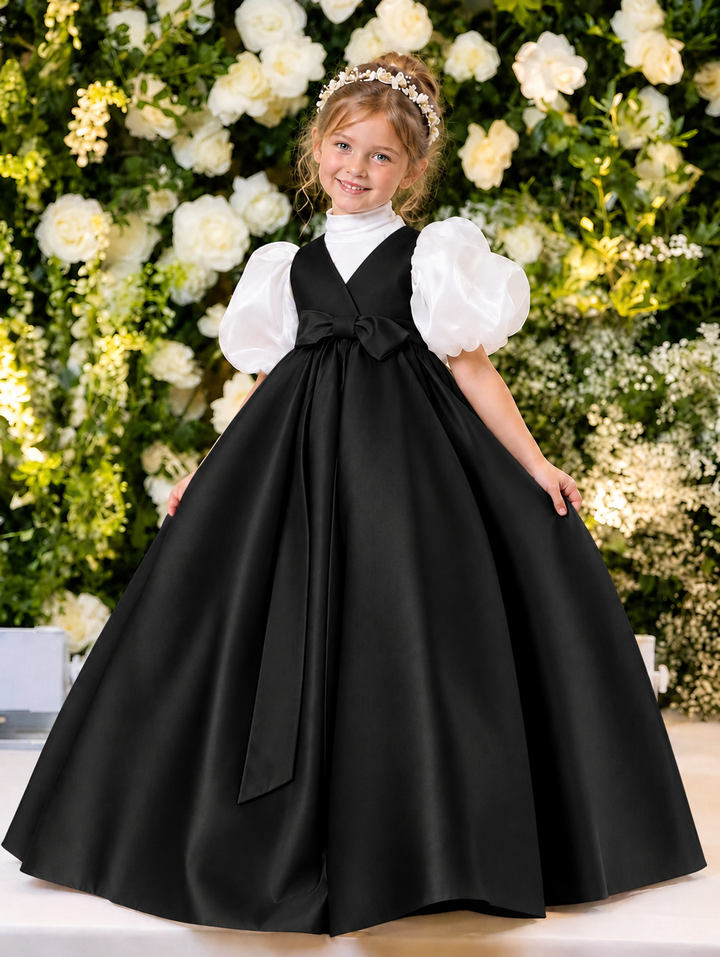 TinyTulle Elegant Purple Satin Flower Girl Dress with Puff Sleeves &amp; Bow