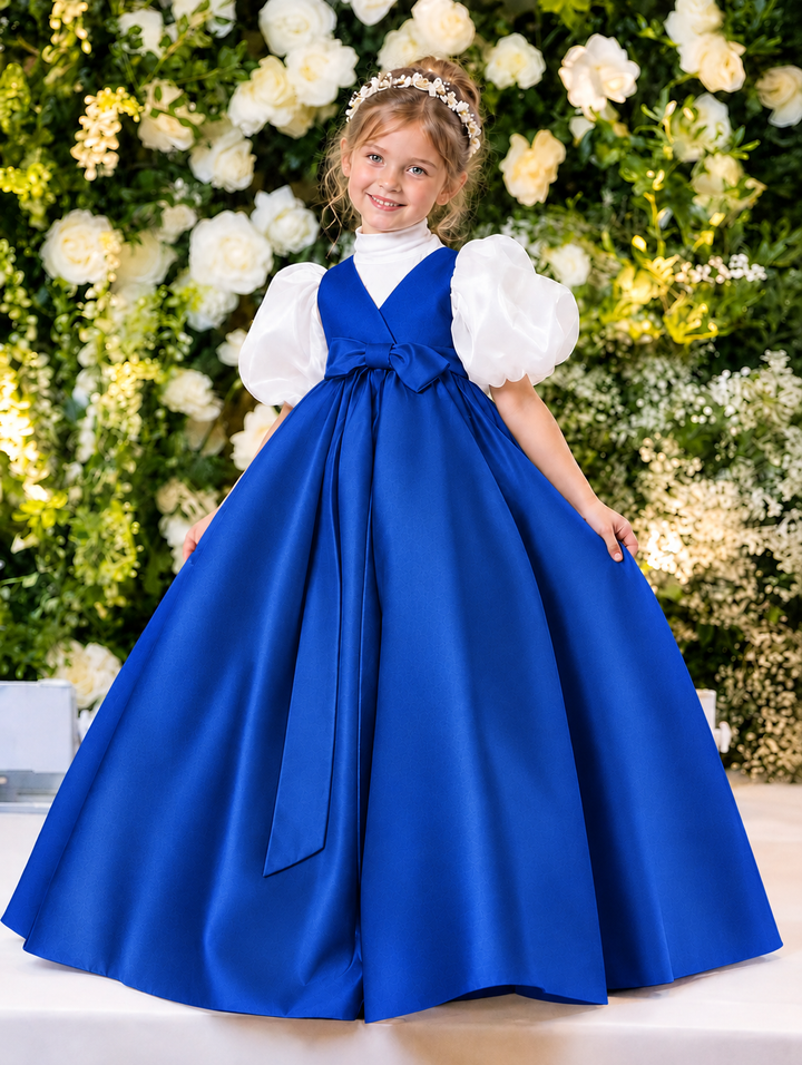 TinyTulle Elegant Purple Satin Flower Girl Dress with Puff Sleeves &amp; Bow