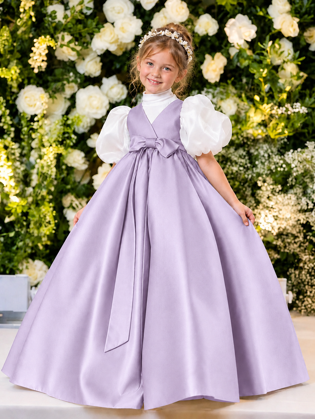 TinyTulle Elegant Purple Satin Flower Girl Dress with Puff Sleeves &amp; Bow