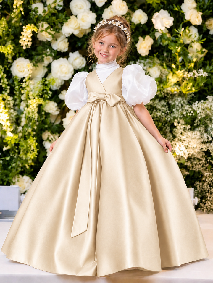 TinyTulle Elegant Purple Satin Flower Girl Dress with Puff Sleeves &amp; Bow