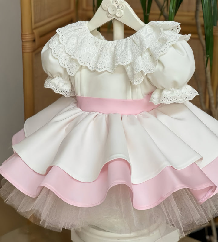 TinyTulle Pink and Ivory 1st Birthday Dress for Baby Girl with Tulle Tutu Skirt