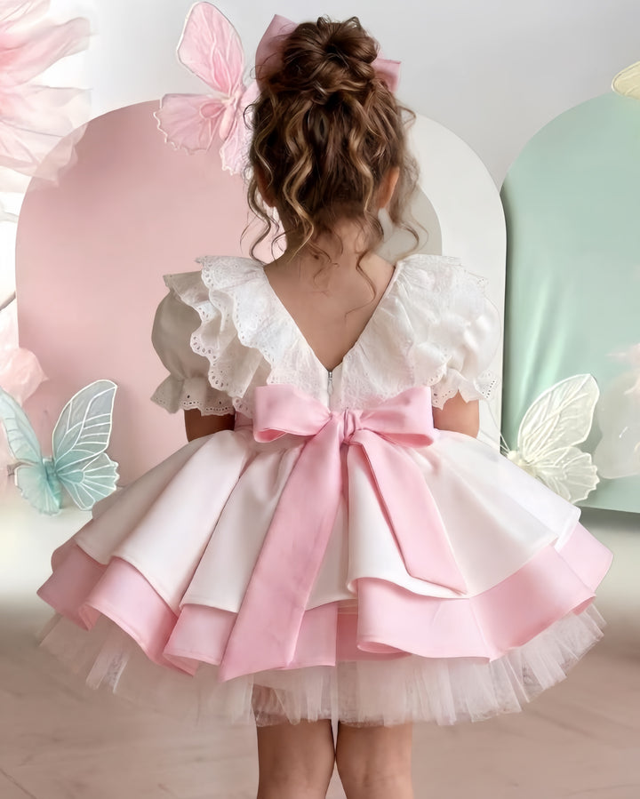 TinyTulle Pink and Ivory 1st Birthday Dress for Baby Girl with Tulle Tutu Skirt