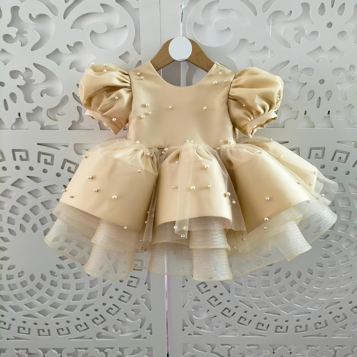 TinyTulle Champagne Satin Baby Girl Dress with Beaded Details for Weddings and Birthday Parties