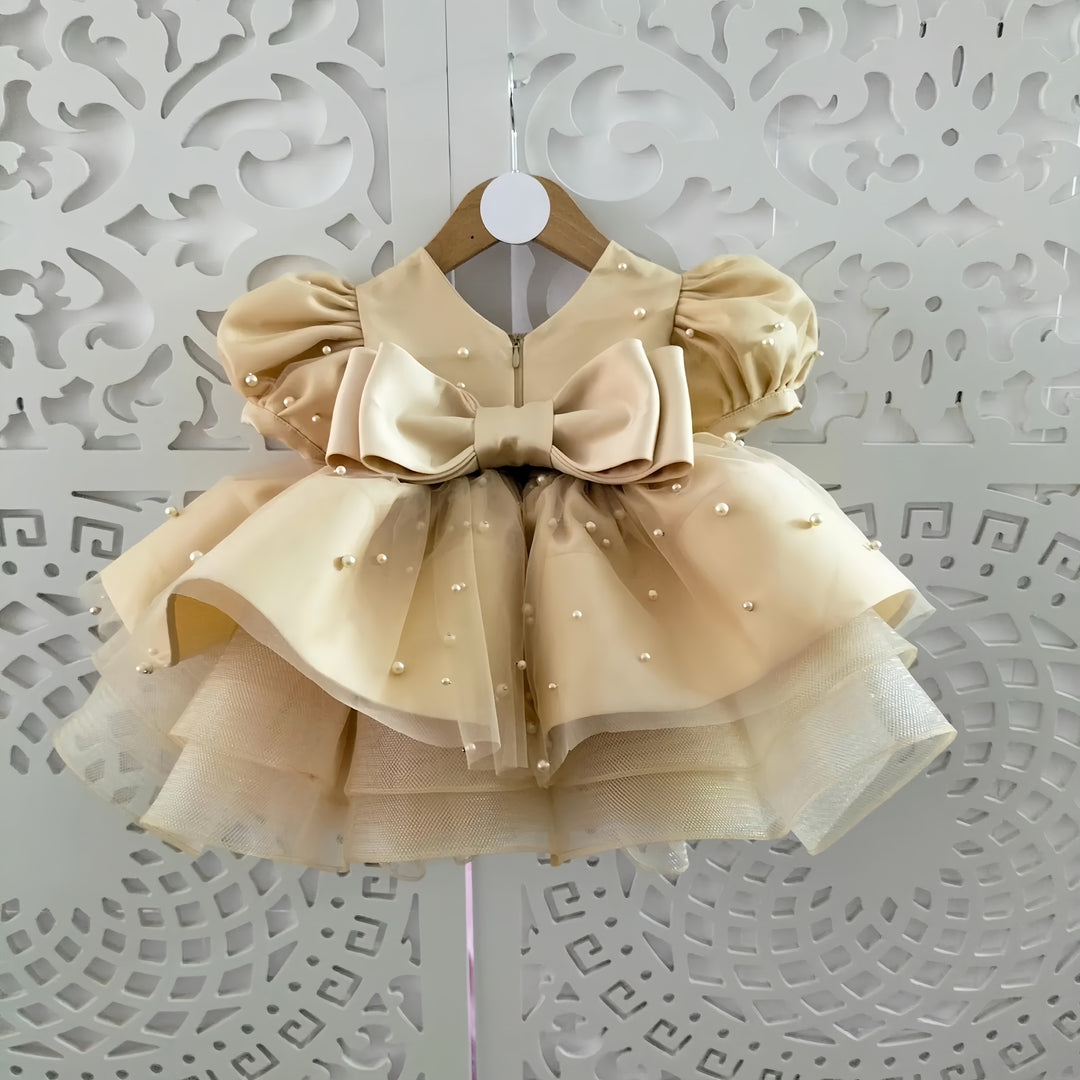TinyTulle Champagne Satin Baby Girl Dress with Beaded Details for Weddings and Birthday Parties