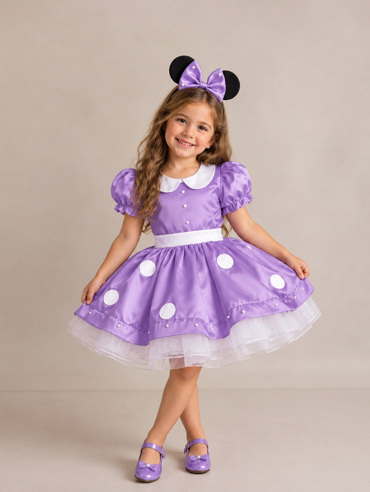 TinyTulle Charming Red Satin Flower Girl Dress with Puff Sleeves, Peter Pan Collar &amp; Polka Dot Skirt